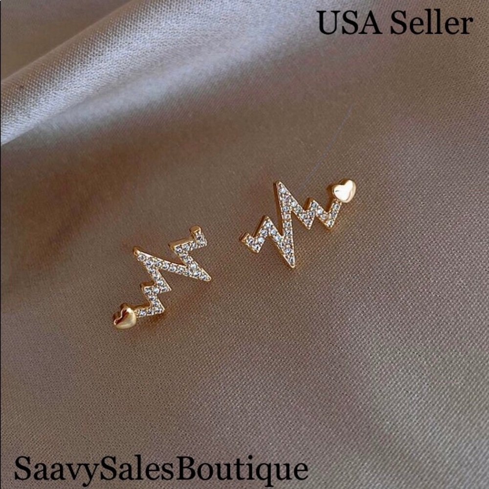 925 Silver Gold Heart ECG Stud Earrings